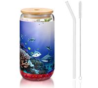 GaxfjRu Shark Swimming Under The Sea 16oz Glass Cups Lids and Glass Straw,Wider Glass Cups for Smoothies, Tea, Cola,Soda