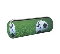 GaxfjRu Soccer Ball On Grassy Round Pencil Case Faux Leather - Storage for Pens, Pencils, Markers, Small Supplies Metal Zip with Leather