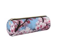 GaxfjRu Tempting Cherry Blossoms Round Pencil Case Faux Leather - Storage for Pens, Pencils, Markers, Small Supplies Metal Zip with Leather