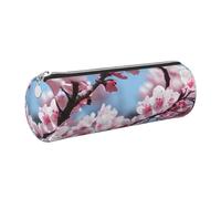 GaxfjRu Tempting Cherry Blossoms Round Pencil Case Faux Leather - Storage for Pens, Pencils, Markers, Small Supplies Metal Zip with Leather