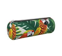GaxfjRu Tropical Flower Leaf Parrot Round Pencil Case Faux Leather - Storage for Pens, Pencils, Markers, Small Supplies Metal Zip with Leather