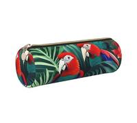 GaxfjRu Tropical Flower Parrot Round Pencil Case Faux Leather - Storage for Pens, Pencils, Markers, Small Supplies Metal Zip with Leather
