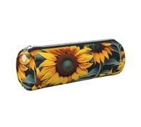 GaxfjRu Wild Flower Sunflowers Round Pencil Case Faux Leather - Storage for Pens, Pencils, Markers, Small Supplies Metal Zip with Leather