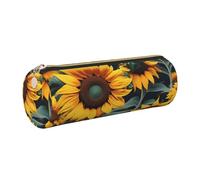 GaxfjRu Wild Flower Sunflowers Round Pencil Case Faux Leather - Storage for Pens, Pencils, Markers, Small Supplies Metal Zip with Leather