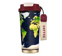 GaxfjRu World Map Print Double Lid Insulated Coffee Cup 500ml, 316 Stainless Steel Inner Layer Thermal Tumbler with Straw