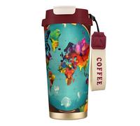 GaxfjRu World Map Print Double Lid Insulated Coffee Cup 500ml, 316 Stainless Steel Inner Layer Thermal Tumbler with Straw