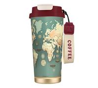 GaxfjRu World Map Retro Print Double Lid Insulated Coffee Cup 500ml, 316 Stainless Steel Inner Layer Thermal Tumbler with Straw