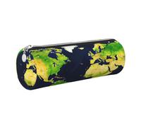 GaxfjRu World Map Round Pencil Case Faux Leather - Storage for Pens, Pencils, Markers, Small Supplies Metal Zip with Leather