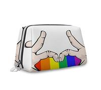 Gay Love Theme, Makeup Bag Cosmetic Bag,Hands Rainbow Love Heart,Leather Organizer Make Up Bag Reusable Toiletry Bag,Rainbow Color,S