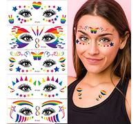 Gay Pride Day Face Temporary Tattoo Sticker 10 Designs Rainbow Stripes Flag Heart Star Butterfly Pattern Stickers LGBT Flash Body Art Temporary Tattoos for Women Men Gay Pride Day Parades Party Favors