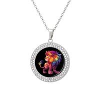 Gay Pride Lion LGBT Rainbow Multicolored Diamond Necklace Dainty Round Pendants Jewelry for Women Silver-style
