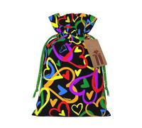 Gay Pride Rainbow Printed Christmas Drawstring Bags with Green Christmas Ribbon - Reusable Burlap Drawstring Gift Pouches, S