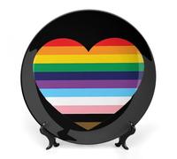 Gay Proud Flag Heart Bone China Decorative Plate Ceramic Wall Dinner Plates with Display Stand for Home Kitchen Decor 10inch