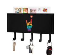 Gay Rock Hand Rainbow Flag Key Holder Wall Mount with 5 Hooks Black | PU Leather,Entryway Keys Hook,Key Hanger for Door and Wall