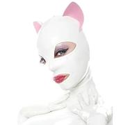 GAYLOP Sexy White Latex Gummi Rubber Cat Women Men Anime Cosplay Mask with Ears Custom Size Costumes Handmade Headpiece -white and pink-L