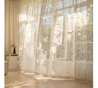 Gazal Vole Beige Floral Lace Net Curtains, Jacquard Sheer Voile Curtains with Botanical Leaf Pattern, 102 inch Drop, Slot Top Rod Pocket Light Filtering Privacy Drapes for Living Room Bedroom Café