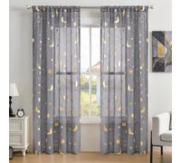 Gazal Vole Grey Sheer Curtains with Star and Moon Printed for Boy Bedroom 102 inch Drop
