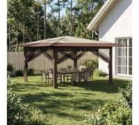 Gazebo 4x4m Cream & Brown 210D Oxford Silver-Coated UV Patio Canopy w/4 Walls XL