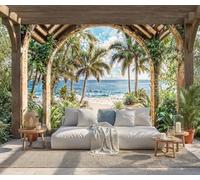 Gazebo Beach View Garden Mural, Tapestry & Curtain Waterproof Outdoor Wall Hanging, Tropical Palm Tree Wall Art & Poolside Decor W118.11 inches x H70.87 Inches