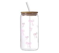 Gazocua Glass Cup with Lids and Straws, Five Hundred Millilitres Cute Mug with Bow, Tea Cup, for Iced Coffee, Cocktails, Tea, Drinking Water for Teenagers, Girls and Home Bar
