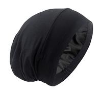 GB Selected Silky Satin Lined Bonnet Sleep Cap - Adjustable Stay on All Night Hair Wrap Cover Slouchy Beanie for Curly Protection Women and Men Solid Black