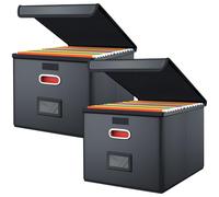 GBACHOOSE 2 Pack Portable File Boxes, 38x32x27cm Leather File Organiser Boxes with Plastic Slide, Collapsible File Storage Boxes with Lid for File and Folders Storage (Folders not included)