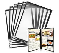 GBACHOOSE 7 Pack Double Fold A4 Menu Covers, 2 Pages 4 Views American Style Menu Holders with Metal Corner Protectors, Black Trim Clear Wine Menu Cover for Restaurants Bars Cafes