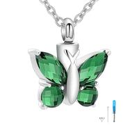 GBAFGLC Butterfly Crystal Urn Necklace for Ashes Memorial Cremation Jewelry for Ashes for Women Keepsake Pendant for Pet/Human Ashes with Filling Kit (silver-green)