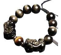 GBASDXU FengShui Wealth Bracelet， Black Obsidian Pixiu Dragon Adjustable Wealth Talisman Reiki Crystal Chakra Quartz(Gold Double,12mm)