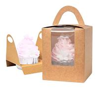 Gbateri 60 Pieces Individual Cupcake Boxes with Insert and Clear Window, Brown Kraft Single Cupcake Boxes Cupcake Carrier with Handle Cupcake Container Bakery Boxes Mini Cake Boxes Treat Gift Boxes