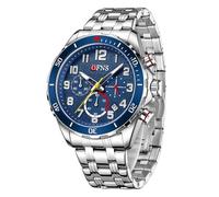 GBB Mens Watches Analogue Multifunction Quartz Watch for Men Waterproof Date Watch with Luminous Six-Hand Display with Stainless Steel or Silicone Bracelet (Steel Band Silver-Blue)
