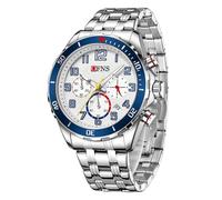 GBB Mens Watches Analogue Multifunction Quartz Watch for Men Waterproof Date Watch with Luminous Six-Hand Display with Stainless Steel or Silicone Bracelet (Steel Band Silver-White (Blue Ring))