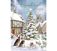 GBBC Luxury Christmas Card for Special Couple - Gold Foil & Ribbon Finish - Cute Dog Design - Festive Village Christmas Tree - Made in the UK - Eco-Friendly Greeting Card with Envelope