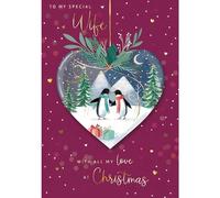 GBCC Christmas Card for Wife - Special Wife - Romantic Design - Festive Penguins in the Snow - Gold Foil Finish - Made in the UK - Eco-Friendly Premium Christmas Greeting Card with Envelope
