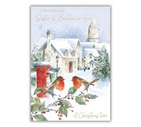 GBCC Sister & Brother-In-Law Christmas Card - Robins and Snowy Village - Special Finishes - Made in the UK - Eco-Friendly