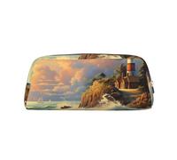 GBCDEDSL Coast Wave and House Fully Printed PVC Cross Pattern Leather Zipper Three-Dimensional Pencil case Student Pencil case Pouch