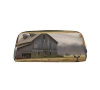 GBCDEDSL Farm with Deer Fully Printed PVC Cross Pattern Leather Zipper Three-Dimensional Pencil case Student Pencil case Pouch