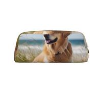 GBCDEDSL Golden Retriever on The Beach Fully Printed PVC Cross Pattern Leather Zipper Three-Dimensional Pencil case Student Pencil case Pouch