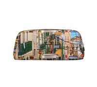 GBCDEDSL Lisbon Tram Fully Printed PVC Cross Pattern Leather Zipper Three-Dimensional Pencil case Student Pencil case Pouch