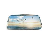 GBCDEDSL The Beach with Sea Birds Fully Printed PVC Cross Pattern Leather Zipper Three-Dimensional Pencil case Student Pencil case Pouch