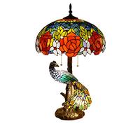 Gbdgjd Rose Table Lamp with Peacock Base Vintage Stained Glass Desk Lights Pastoral Floral Art Reading Lighting Fixture for Living Room Bedroom Cafe Bar, W18×H30 inch