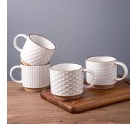 GBHOME 15OZ Stackable Coffee Mugs, Ceramic Coffee Mugs with Texture Patterns for Man,Woman,Dad,Mom, Modern Coffee Mugs Set of 4 for Latte/Cappuccino/Cocoa. Dishwasher&Microwave Safe, Off White