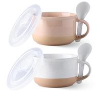 GBhome Ceramic Soup Mugs with Handles and Lids,24 OZ Soup Cups Set of 2 with Terracotta Underside,Mug Bowls with Spoon for Soup/Cereal/Salad/Noodles/Ramen/Microware &Dishwasher Safe-White &Peach