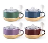 GBHOME Ceramic Soup Mugs with Handles and Lids,24 OZ Soup Cups Set of 4 with Terracotta Underside,Mug Bowls with Spoon for Soup/Cereal/Salad/Noodles/Ramen/Microware &Dishwasher Safe-Multicolor-2