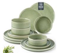 GBHOME Dinner Set for 4, Handmade 12 Piece Stoneware Plates and Bowls Set, Reactive Glaze Chip and Scratch Resistant Dinnerware Set, Dishwasher & Microwave Safe