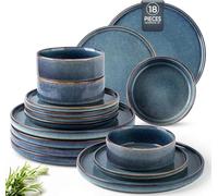 GBHOME Dinner Set for 6, Handmade 18 Piece Stoneware Plates and Bowls Set, Reactive Glaze Chip and Scratch Resistant Dinnerware Set, Dishwasher & Microwave Safe