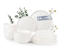 GBhome Dinner Sets for 6 People, 24 Pieces Handcrafted Stoneware Plates and Bowls Set, Scratch Resistant Dinnerware Set, Oven, Dishwasher, Microwave Safe Crockery Set, Moonlight White