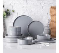 GBHOME Dinnerware Set for 4, 12 Piece Speckled Plates and Bowls Set with Glazed Bottom, Chip & Scratch Resistant Stoneware Plates Sets, Dishwasher & Microwave Safe Dishes (Limestone, Service for 4)