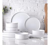 GBHOME Dinnerware Set for 4, 12 Piece Speckled Plates and Bowls Set with Glazed Bottom, Chip & Scratch Resistant Stoneware Plates Sets, Dishwasher & Microwave Safe Dishes (White, Service for 4)
