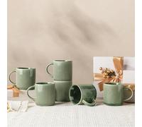 GBhome Stoneware Coffee Mugs Set of 6, 350 ml Coffee Cups with Large Handle for Latte, Cappuccino, Milk,Cocoa, Dishwasher Safe Mug Sets, Evergreen